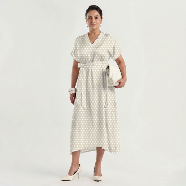 Angora Cream Polka Dot Print Fabric made up as a dress, design 20446, Clothwala