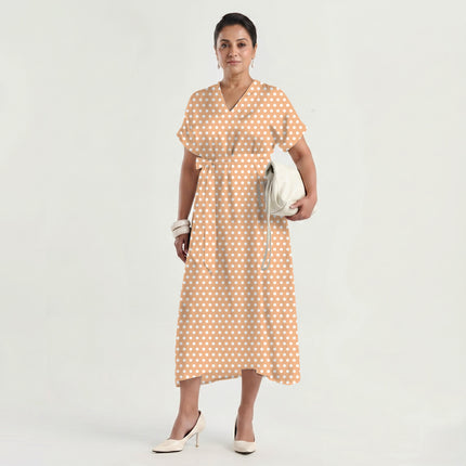 Apricot Light Polka Dot Print Fabric made up as a dress, design 20418, Clothwala