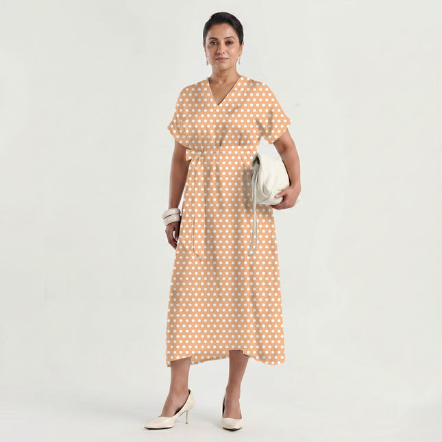 Apricot Light Polka Dot Print Fabric made up as a dress, design 20418, Clothwala