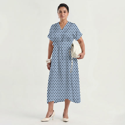 Blue Aura Black Polka Dot Print Fabric made up as a dress, design 20469, Clothwala