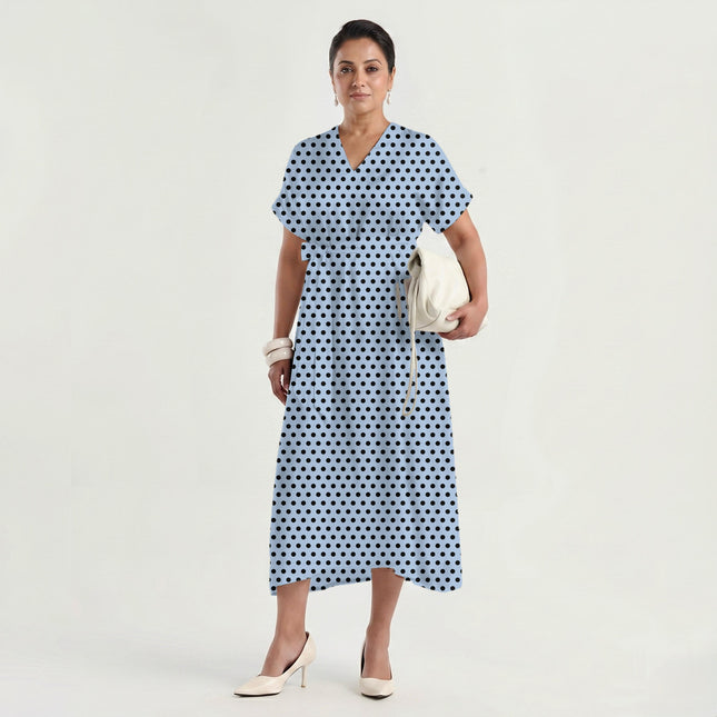 Blue Aura Black Polka Dot Print Fabric made up as a dress, design 20469, Clothwala