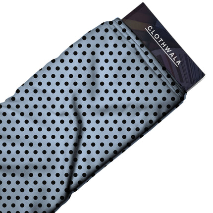 Blue Aura Black Polka Dot Print Fabric — 2026 polka dot trend fabric, design 20469, Clothwala