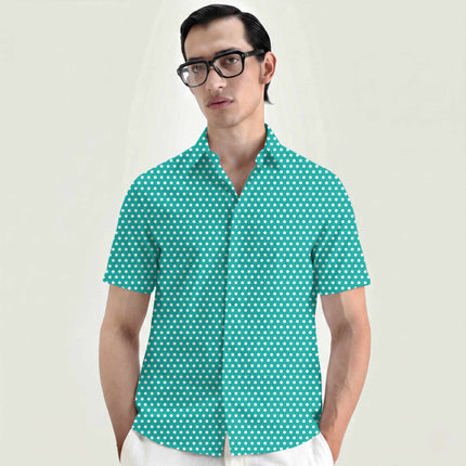 Bright Aqua polka dot fabric for men's shirts — fine dot scale