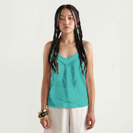 Bright Aqua polka dot dress fabric for womenswear — full repeat