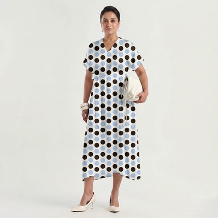 Chocolate Brown & Blue Aura Polka Dot Print Fabric made up as a dress, design 20496, Clothwala