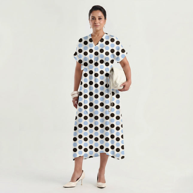 Chocolate Brown & Blue Aura Polka Dot Print Fabric made up as a dress, design 20496, Clothwala