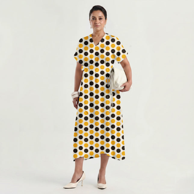 Chocolate Brown & Ochre Gold Polka Dot Print Fabric made up as a dress, design 20475, Clothwala