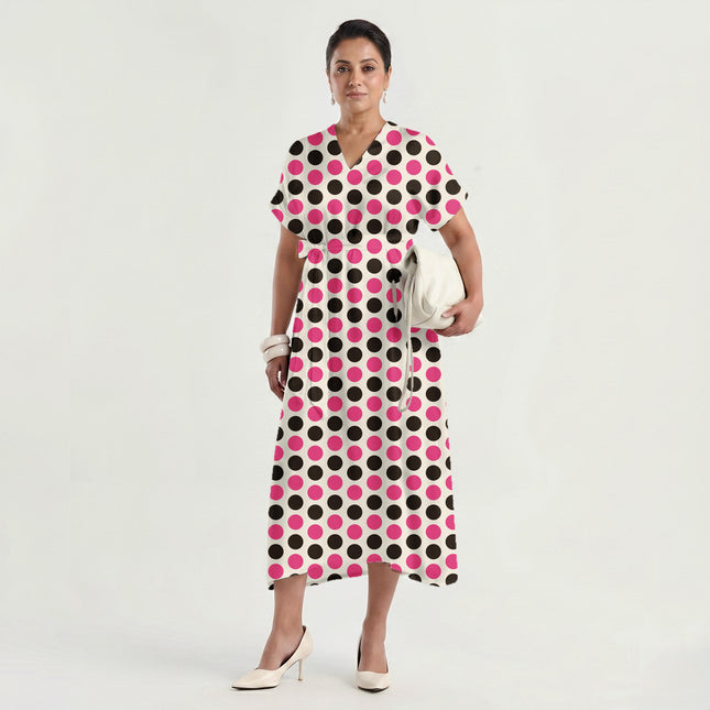 Chocolate Brown & Pop Pink Polka Dot Print Fabric made up as a dress, design 20490, Clothwala