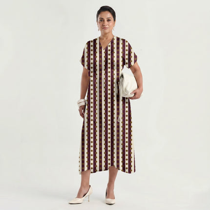 Burgundy & Bronze Dot Stripe Print Fabric made up as a dress, design 20535, Clothwala