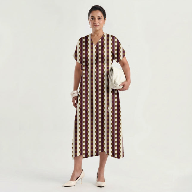 Burgundy & Bronze Dot Stripe Print Fabric made up as a dress, design 20535, Clothwala