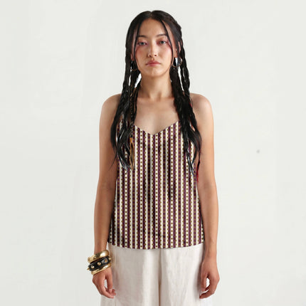 Burgundy & Bronze Dot Stripe Print Fabric for women's dresses, design 20535, Clothwala
