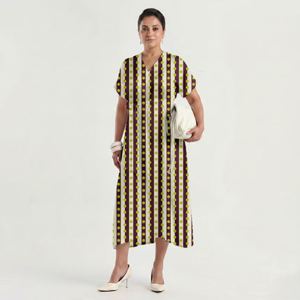Burgundy & Lime Glow Dot Stripe Print Fabric made up as a dress, design 20548, Clothwala