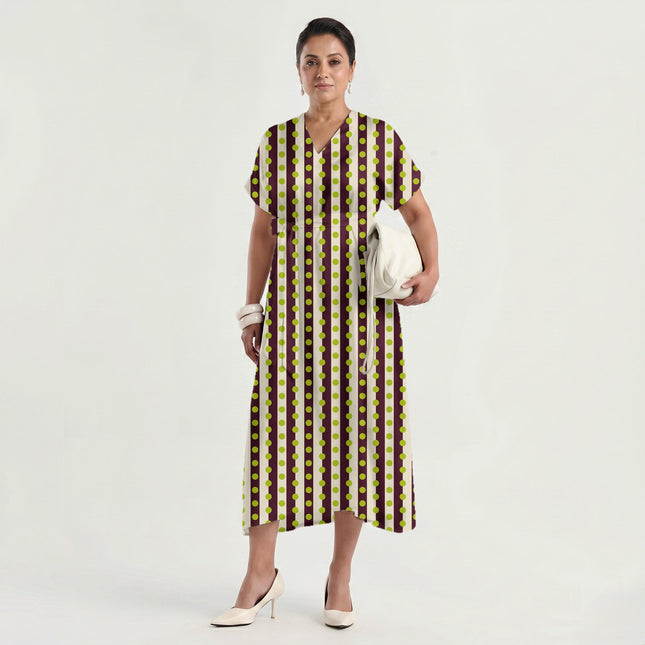Burgundy & Lime Glow Dot Stripe Print Fabric made up as a dress, design 20548, Clothwala