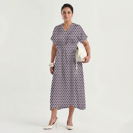 Burnished Lilac Black Polka Dot Print Fabric made up as a dress, design 20466, Clothwala