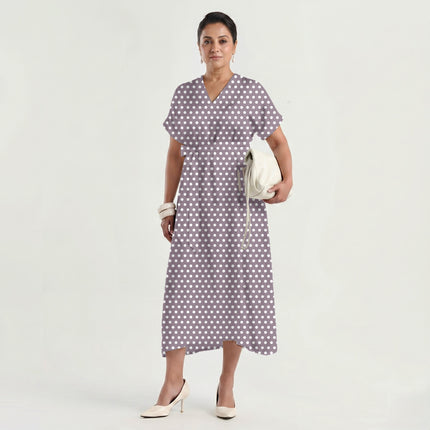 Burnished Lilac Polka Dot Print Fabric made up as a dress, design 20430, Clothwala