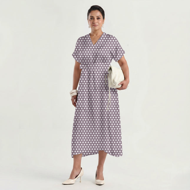 Burnished Lilac Polka Dot Print Fabric made up as a dress, design 20430, Clothwala