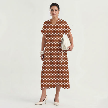 Burnt Sienna Polka Dot Print Fabric made up as a dress, design 20415, Clothwala