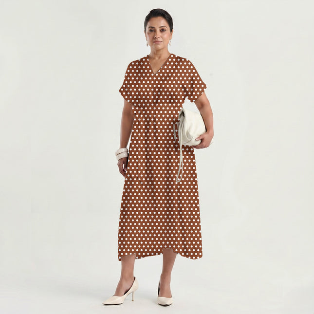 Burnt Sienna Polka Dot Print Fabric made up as a dress, design 20415, Clothwala