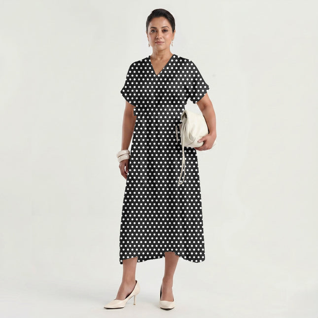 Charcoal Ink Polka Dot Print Fabric made up as a dress, design 20449, Clothwala