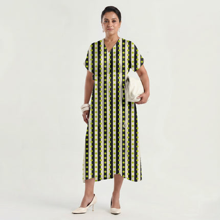 Charcoal & Lime Glow Dot Stripe Print Fabric made up as a dress, design 20525, Clothwala