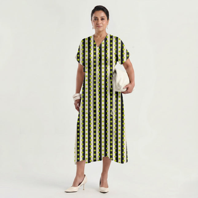 Charcoal & Lime Glow Dot Stripe Print Fabric made up as a dress, design 20525, Clothwala