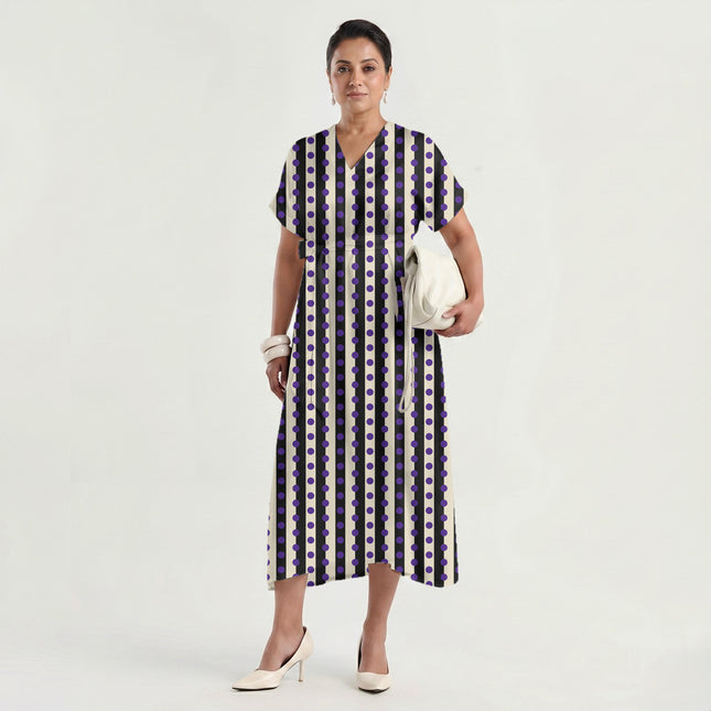 Charcoal & Purple Dot Stripe Print Fabric made up as a dress, design 20537, Clothwala