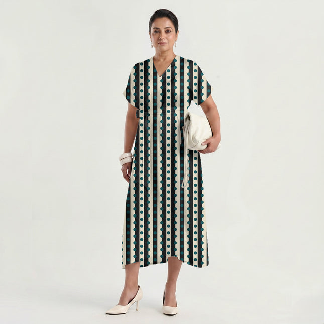 Charcoal & Teal Dot Stripe Print Fabric made up as a dress, design 20544, Clothwala