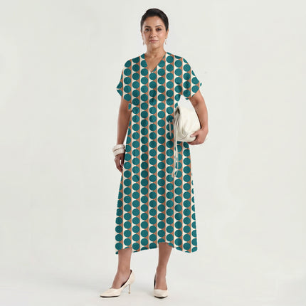 Terracotta Clay & Teal Dot Stripe Print Fabric made up as a dress, design 20510, Clothwala