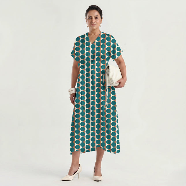 Terracotta Clay & Teal Dot Stripe Print Fabric made up as a dress, design 20510, Clothwala