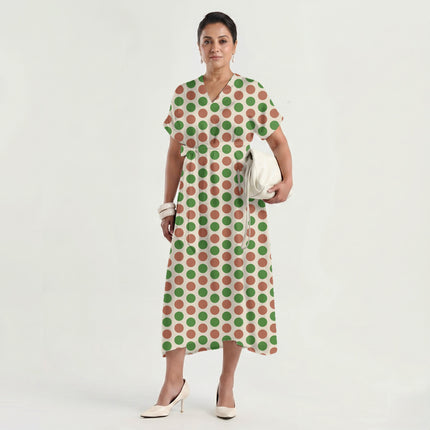 Terracotta Clay & Meadowland Green Polka Dot Print Fabric made up as a dress, design 20499, Clothwala
