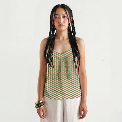 Terracotta Clay & Meadowland Green Polka Dot Print Fabric for women's dresses, design 20499, Clothwala