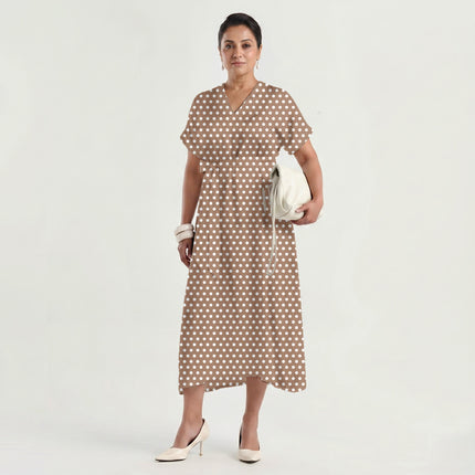 Clay Neutral Polka Dot Print Fabric made up as a dress, design 20419, Clothwala
