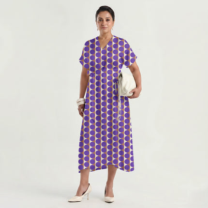Terracotta Clay & Purple Dot Stripe Print Fabric made up as a dress, design 20519, Clothwala