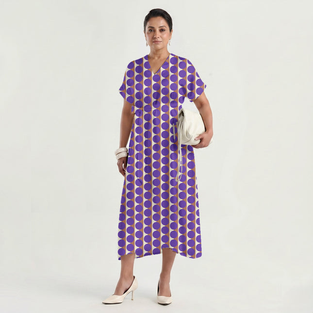 Terracotta Clay & Purple Dot Stripe Print Fabric made up as a dress, design 20519, Clothwala