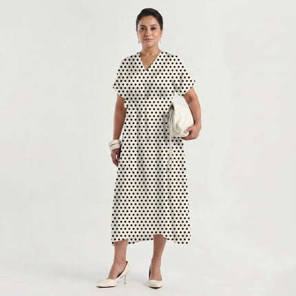 Cloud Dancer Cream Black Polka Dot Print Fabric made up as a dress, design 20450, Clothwala