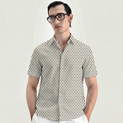 Cloud Dancer Cream Black Polka Dot Print Fabric for men's shirting, design 20450, Clothwala