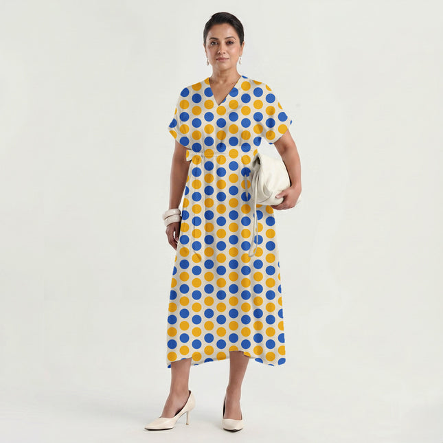 Luminous Cobalt & Ochre Gold Polka Dot Print Fabric made up as a dress, design 20484, Clothwala