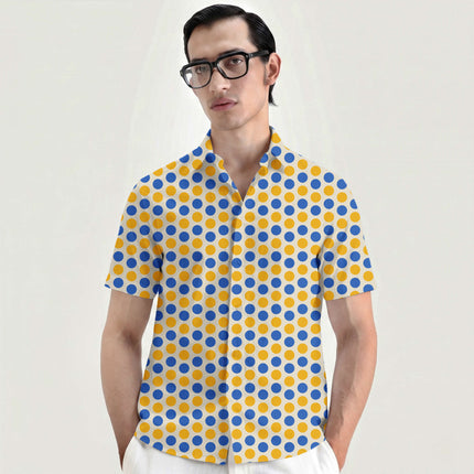 Luminous Cobalt & Ochre Gold Polka Dot Print Fabric for men's shirting, design 20484, Clothwala