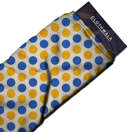 Luminous Cobalt & Ochre Gold Polka Dot Print Fabric — 2026 polka dot trend fabric, design 20484, Clothwala
