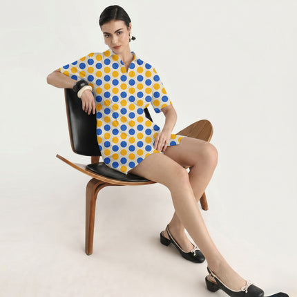 Luminous Cobalt & Ochre Gold Polka Dot Print Fabric in 2026-27 trending womenswear, design 20484, Clothwala