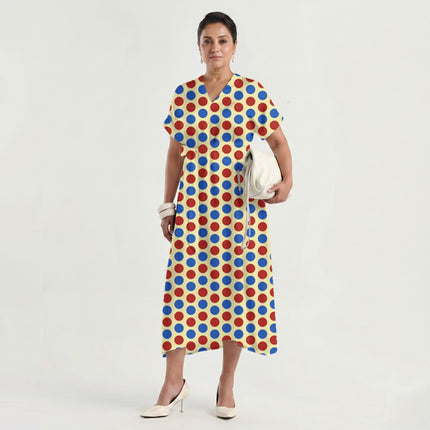 Luminous Cobalt & Lava Red Polka Dot Print Fabric made up as a dress, design 20492, Clothwala