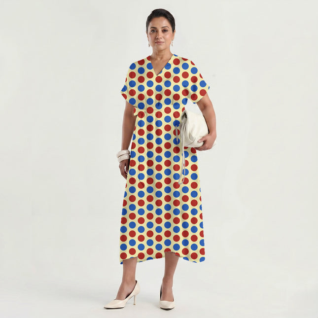 Luminous Cobalt & Lava Red Polka Dot Print Fabric made up as a dress, design 20492, Clothwala
