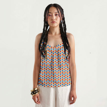 Luminous Cobalt & Lava Red Polka Dot Print Fabric for women's dresses, design 20492, Clothwala