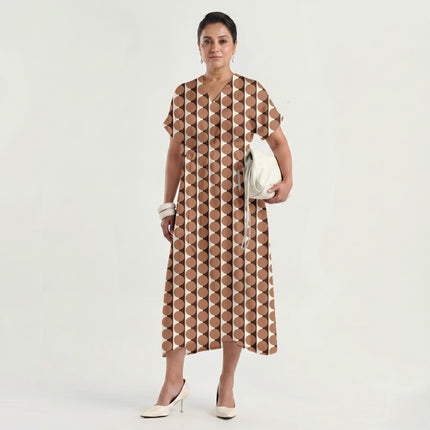 Cocoa & Terracotta Clay Dot Stripe Print Fabric made up as a dress, design 20512, Clothwala