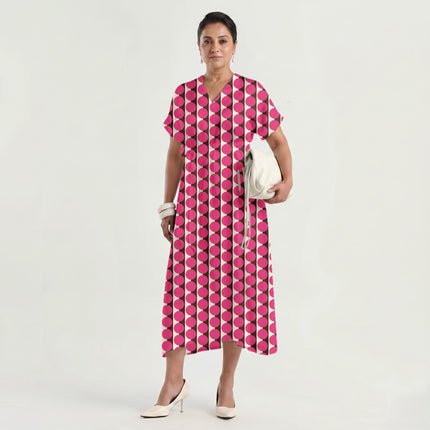 Cocoa & Pink Dot Stripe Print Fabric made up as a dress, design 20501, Clothwala