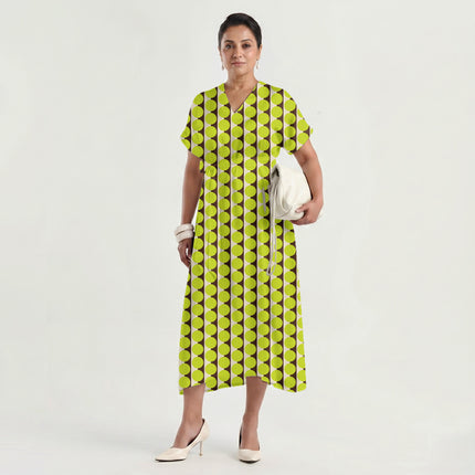 Cocoa Sand & Lime Glow Dot Stripe Print Fabric made up as a dress, design 20506, Clothwala