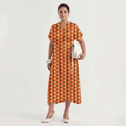 Cocoa & Orange Dot Stripe Print Fabric made up as a dress, design 20518, Clothwala