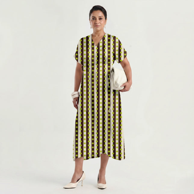 Cocoa Wax Cream & Lime Glow Dot Stripe Print Fabric made up as a dress, design 20533, Clothwala