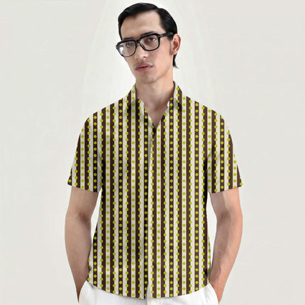 Cocoa Wax Cream & Lime Glow Dot Stripe Print Fabric for men's shirting, design 20533, Clothwala