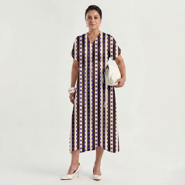 Cocoa & Purple Dot Stripe Print Fabric made up as a dress, design 20546, Clothwala